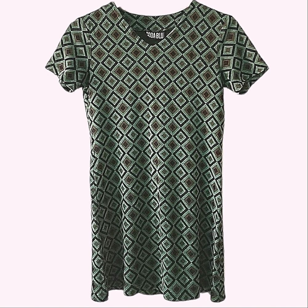Vintage Soda Blu Green Mod Print Knit Mini T Shirt Dress Size S